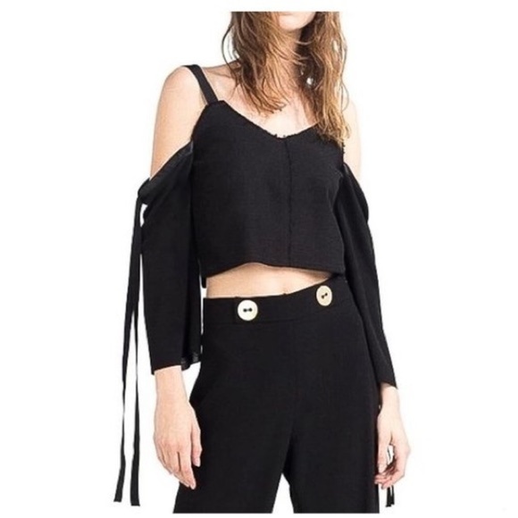 ZARA Black Off Cold Shoulder Raw Hem Top - Picture 2 of 9